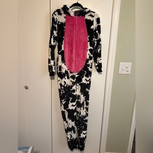Black and White Cow Print Onesie with Pink Accent